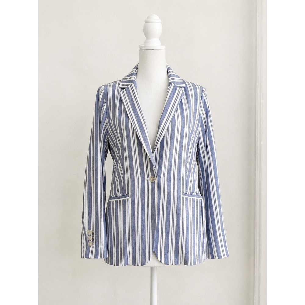 Vince Camuto Blue White Striped Linen Blend Blazer 14 Lightweight Summer Career